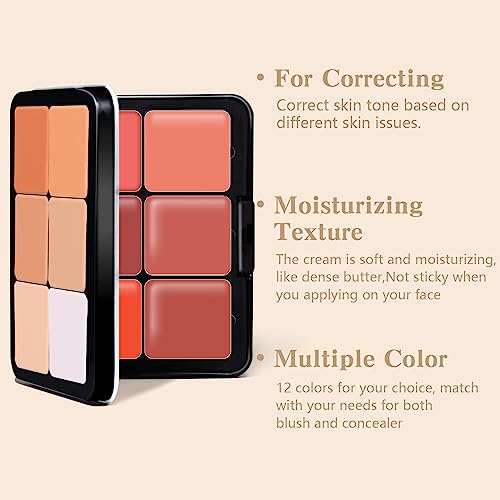 12 Colors Cream Blush Palette, Color Correcting Concealer Foundation Palette, Long Wearing Smudge Proof Blendable Matte Finish Blush Powder Highlighter and Cream Contour Palette Makeup (01) - Image 3