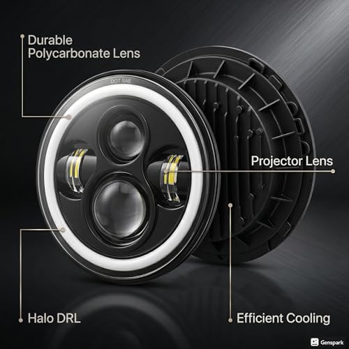 Image of 7 Inch LED Headlight with Full Ring DRL, White & Yellow Hi /Low Beam, Imported Power Headlamp Compatible with Royal Enfield Bullet & Thar, Waterproof and Durable (Pack of 1)