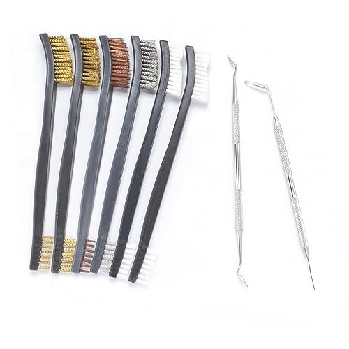 Image of Small Wire Brush Set - Brass /Stainless Steel /Nylon Brushes for Cleaning Rust Removal, Dirt, Paint Scrubbing Wire Brush Set Double-Ended Cleaning Pick (8 Pieces Black)