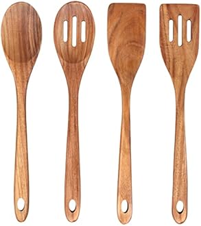 4-Piece 14" Large Acacia Wood Utensils Set for Cooking Spatula Wooden Kitchen Utensil Non Toxic Spoon Slotted Turner Best Long Spatula for Kitchen Use Tools Cooking Utensils Mixing Serving Spoons
