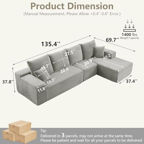 Image of 135 inch Cloud Sectional Couch with L-Shape Chaise, Modern Modular Comfy Sofa Chaise Longue, Upholstered Corduroy Couches Sleeper with Deep Seat for Living Room Bedroom, No Assembly Required, Grey