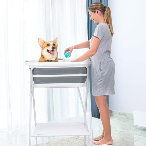 Beberoad Kleine Haustiere Badewanne, Multifunktionale zusammenklappbare Haustier Badewanne Mit Entwässerungsrohr, Tragbar Badewanne für kleine bis mittelgroße Hunde und Katzen (gräulich-weiß)
