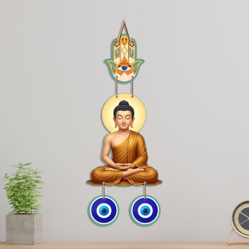 Image of Artvibes Meditating Buddha Wall Hanging with Hamsa Hand and Evil Eye Protection Charm | Spiritual Home Decor for Meditation and Mindfulness | Decorative Hanging for Living Room | Yoga Space (WH 8599N)