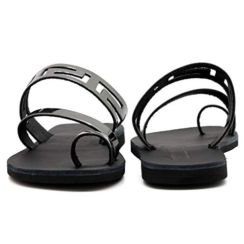 Emmanuela Ancient Greek Handmade Leather Flat Ring Toe Sandals with Meanders, Quality Slide on Strappy Summer Shoes for Women, Open Toe Sliders, Boho Chic Mules4