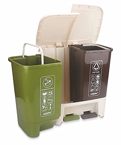 Image of Nayasa 2 in 1 Pedal Dustbin Bold - 25 L (12.5 L Each) | Twin Compartment Wet & Dry Waste Bin | Durable Plastic Pedal Bin for Home, Kitchen & Bathroom | Brown & Green