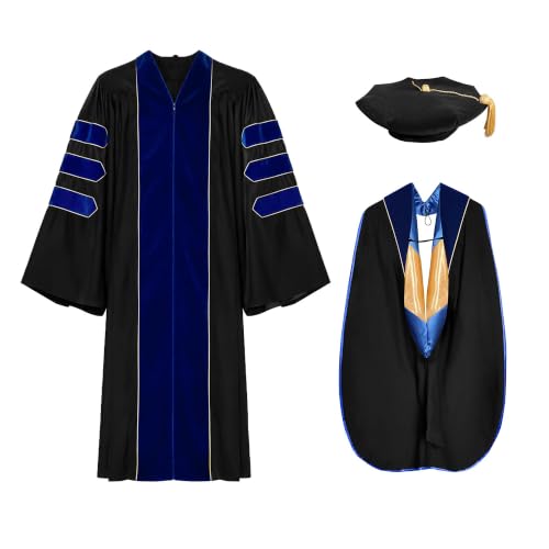 Happy Secret Doctoral Graduation Gown Set with 8-Sided Tam & Hood Deluxe PhD Regalia with Velvet Trim and Gold Piping