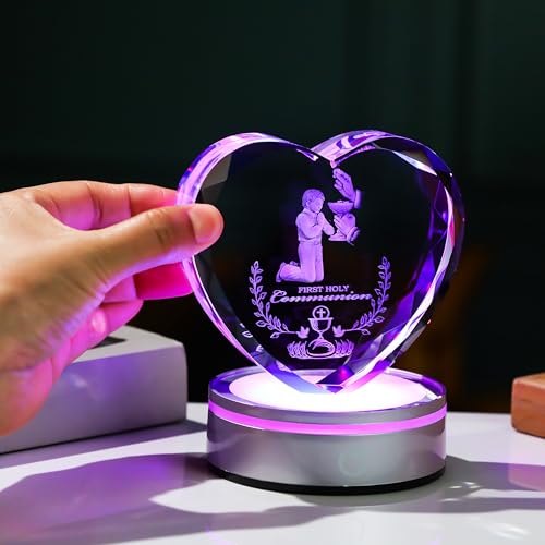 Image of Qianwei First Communion Gifts for Boys, 3D Engraving Crystal Praying Boy John Figurine First Communion Veil Decoration, Baptism Gifts for Boy Catholic