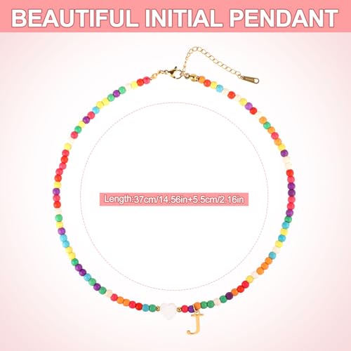 Initial Beaded Necklace, Colorful Cute Beaded Necklace with Heart Shells Stylish Letter Pendant Necklace Handmade Personalized A-Z Gifts for Women Girls (Letter J), 10248202