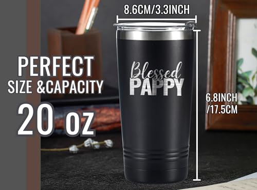 Image of Onebttl Pappy Gifts, Grandpa Father's Day Gifts from Grandchildren, Laser Engraved Design, 20oz /590ml, Stainless Steel Tumbler with Straw & Lid, Black - Blessed PAPPY