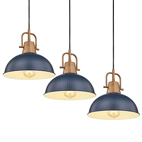 Emliviar 3 Pack Dome Chandeliers, Vintage Blue Pendant Lights With Wood Grain Part, Ge269Mil-3 Bl+Wd #TOP16