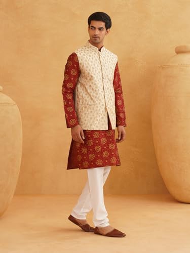 Image of SOJANYA (Since 1958 Men's Silk Blend Maroon Kurta & Off White Pyjama with Beige Nehru Jacket