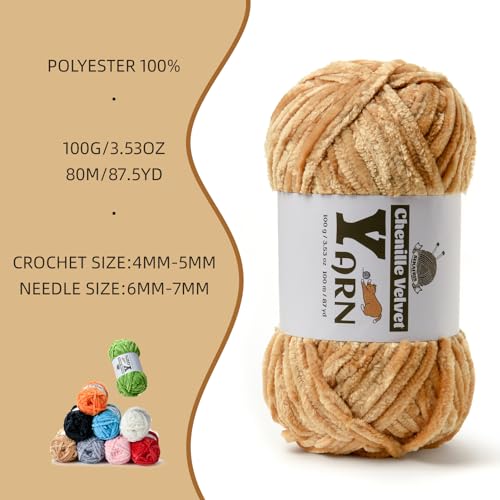 Image of 2 Pack Plush Chenille Chunky Yarn - Fluffy Velvet Yarns Crochet for Blanket Knitting and Crocheting - Soft Baby Yarn for Crocheting - Amigurumi Crochet Yarns 100g (87yds) (2 Khaki)