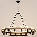Luxdsgn Wagon Wheel Chandelier 39-Inch 16-Light, Oak Wood and Black Finish Round Rustic Farmhouse Chandelier Extra Large for High Ceilings, Living Room Foyer