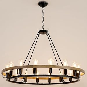 Wagon Wheel Chandelier 16 Light 39 Inch Black and Oak Wood Tone Finish Round Rustic Farmhouse Chandelier Extra Large for High Ceilings Living Room Foyer