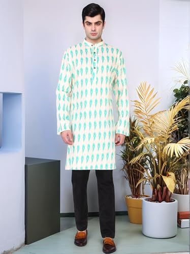 Image of SKAVIJ Mens Cotton Long Sleeve Tunic Printed Kurta