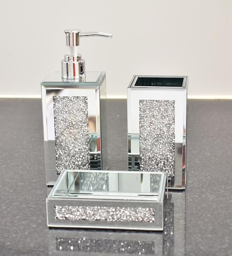 Biznest Set of 4 Piece Crushed Jewel Diamond Bathroom Accessories with Soap Dispenser Toothbrush Holder Soap Holder & Bin in Silver - Image 2