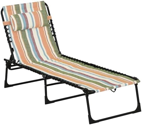 Outsunny Folding Chaise Lounge Chair, Patio Sun Tanning Chair, Outdoor Chaise Lounger with 4-Position Reclining Back, Breathable Mesh Seat for Beach, Poolside, Yard, Rainbow Striped
