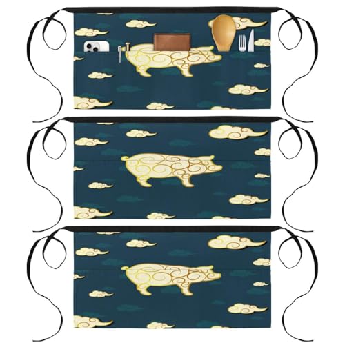 Tabliers courts lot de 3 avec 3 poches imprimé cochon multicolore 60x30.5 cm