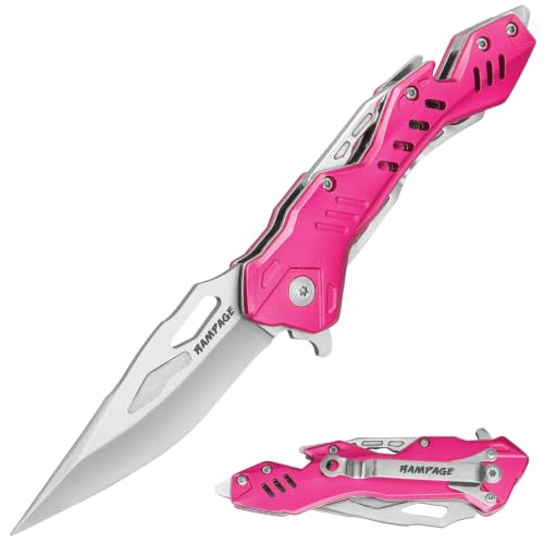 Rampage Pink Atomica Assisted Opening Pocket Knife | 3 1/2 Inch Black Stainless Steel Blade | Pink And Black Aluminum Handle | Bottle Opener | Glass Breaker | Pocket Clip | 4 3/4 Inch Closed