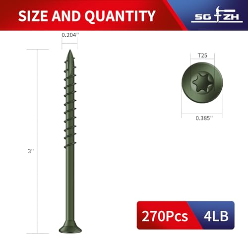Image of #10 x 3 Inch Deck Screws (270Pcs) 4lb. Exterior Wood Screws. Carbon Steel, Green, Flat Head, Rust Resistant epoxy Coated, with T25 Star Bit