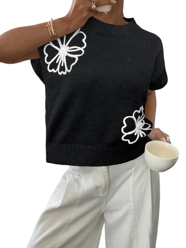 Image of SOLY HUX Women's Short Sleeve Sweater 3D Floral Sweaters Pullover Tank Tops Knit Vest Trendy Fashion Clothing