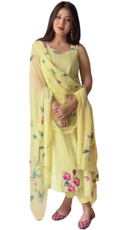 GoSriKi Women's Rayon Viscose Straight Printed Kurta with Pant & Dupatta (REHNUMA Yellow-GS_XS_Yellow_X-Small)
