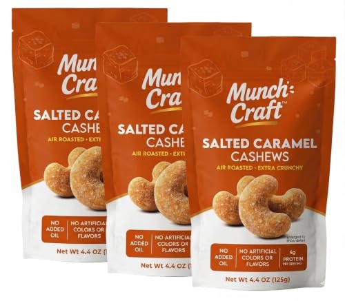 Image of Munch Craft Gourmet Salted Caramel Cashews - Perfectly Balanced Flavor (Buttery Caramel & Sea Salt) - Extra Crunchy Air-Roasted Nuts, Oil-Free - No Artificial Colors or Flavors - Three 4.4 oz Bags (13.2 oz Total)