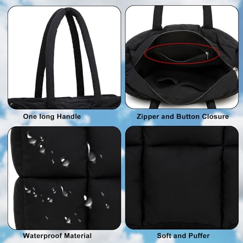 Image of Puffer Tote Bag, Quilted Puffy Purse, Cute Padded Winter Shoulder Bags, Lightweight Down Handbag for Women Work Travel