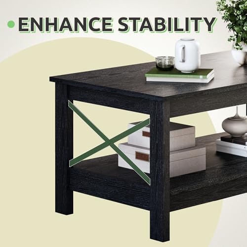 GOOBED Modern Coffee Tables for Living Room with Storage, Farmhouse 2-Tier Rectangular Coffee Table, 39.4" Coffee Table with Ample Storage Ideal for Living Room Home Office, Black