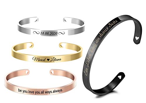 aplusashop ID Edelstahl Armreif + Gravur nach Wunsch Armband mit Herzen in 8 Farben Neu (Silber Glänzend, Mit Gravur)
