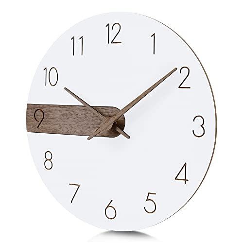 Lafocuse Orologio da Parete Moderno Legno, Silenzioso Bianco Orologio con Numeri Intagliato, Semplice Minimalista Design senza Ticchettio Decorativo per Soggiorno Camera da Letto Cucina 30cm