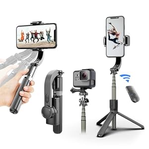 Gimbal Stabilizer for Smartphone ，with Retractable Selfie Stick and Tripod，1-Axis Multifunction Remote 360°Automatic Rotation， Auto Balance for iPhone/Android