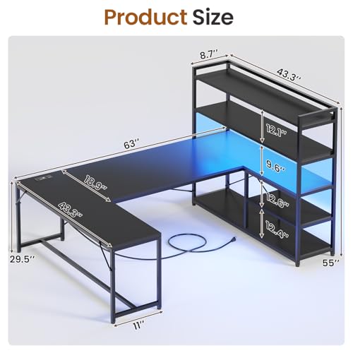 SEDETA L Shaped Gaming Desk, 63'' Reversible Computer Desk with Power Outlet and Storage Shelves, Corner Gaming Desk with LED Lights, Bookshelf for Home Office, Black