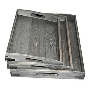 Owlgift Vintage Grey Wood Serving Trays with Brass Metal Wrap Accents, Set of 3 Owlgift Vintage Grey Wood Serving Trays with Brass Metal Wrap Accents Set of 3