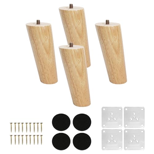 KINDPMA 4 Stück 12cm Möbelfüße Holz Schräg Eiche Möbelbeine Holzfüße für Möbel Tischbeine Schrankfüsse mit Montageplattes, Schraubens, und Leise Gummipads für Sofa, TV, Schrank, Bett, Tisch