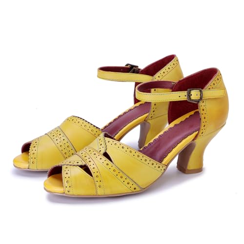 CrazycatZ Vintage Mary Jane Oxford Pumps, Two-Tone Lace and Leather, Block Heel,