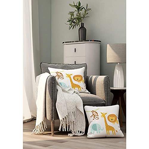 Throw Pillow Covers For Couch Cute Jungle Animal Bed Or Sofa Pillows Case Funny Elephant Lion Giraffe Monkey Kids Baby Jungle Children Tree Colorful Funny Decorative Square Linen Cushion Cover 18"X18" #TOP2