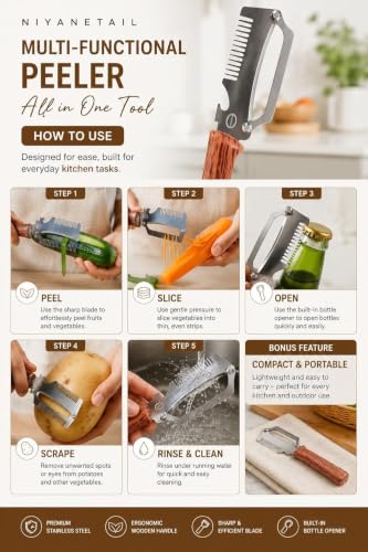 Image of Multi-Functional Stainless Steel Vegetable Peeler with Wooden Handle, Built-in Bottle Opener & Julienne Cutter, Sharp Fruit & Vegetable Peeler for Potato, Carrot, Cucumber, Apple & More