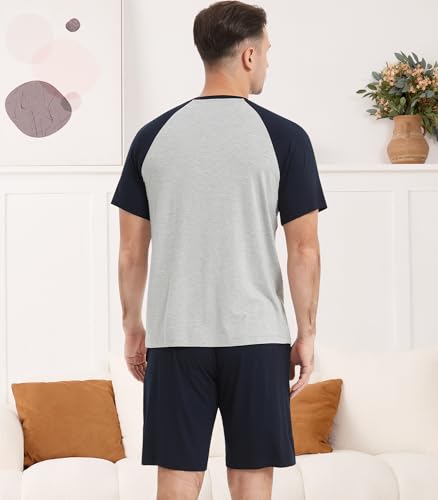 Image of NACHILA Pajamas Set for Men-Viscose Made from Bamboo,Short Sleeve Sleepwear Soft Pjs with Shorts Cool Loungewear Light Heather Grey /Navy Blue L