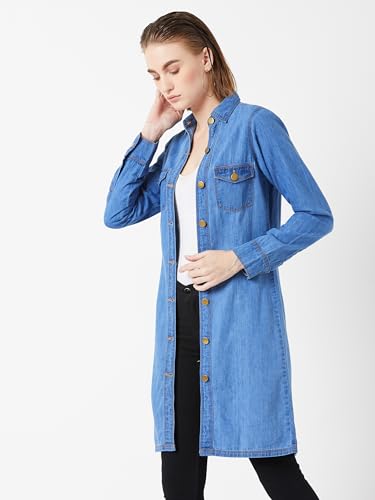 Image of Miss Chase Women's Polo Neck Full Sleeves Patch Pocket Denim Overcoat Knee-Length Jacket