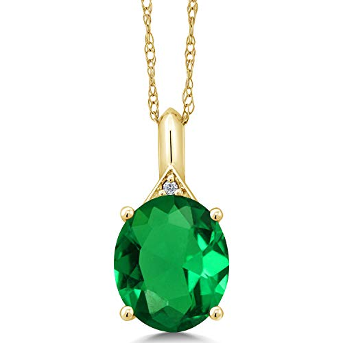 Gem Stone King 14K Yellow Gold Green Simulated Emerald And White Diamond Pendant Necklace For Women (4.02 Ct Oval With 18 Inch Chain) #TOP20