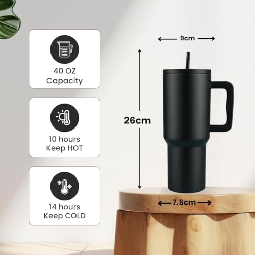 Image of VOLITO Personalised 1200ml Tumbler with Straw & Handle|Custom Name Stainless Steel Double Wall Insulated Cup - Leakproof Sipper Mug for Hot & Cold Drinks|Travel Coffee & Water Tumbler (Charcoal Black)