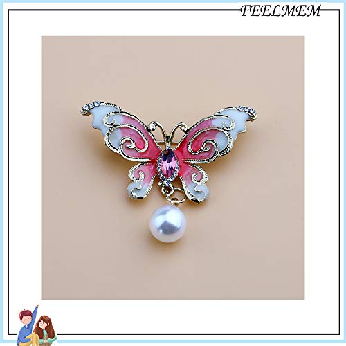 Image of FEELMEM Crystal Rhinestone Butterfly Brooch Pin Blue Color Butterfly Brooches for For Women Girls Wedding /Banquet /Birthday Party (Pink pearl)
