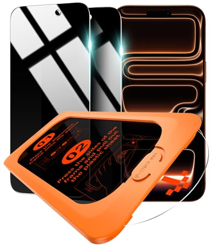 OMOTON Privacy Screen Protector for iPhone 17 Pro Max [Auto-Align Installation] Tempered Glass with 9H+ Hardness & 12FT Military Grade Shatterproof 100% Anti-Spy Full Coverage Protection 2 Pack