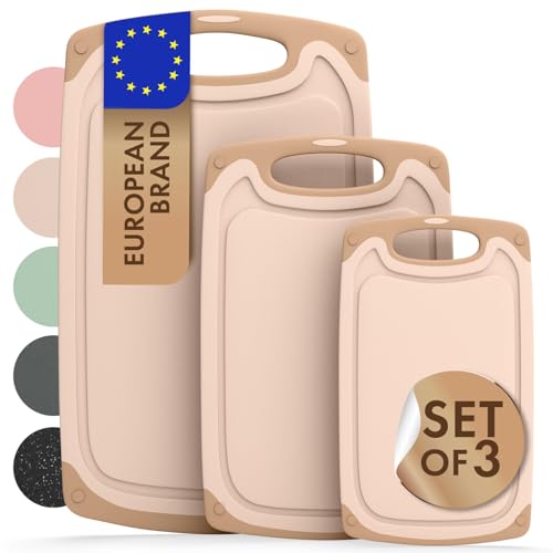 Blumtal planche a decouper - set avec 3 différentes tailles (S/M/L) - planche a decouper plastique sans BPA - planche à découper avec poignée - rigole à jus - passe au lave-vaisselle - robuste - beige