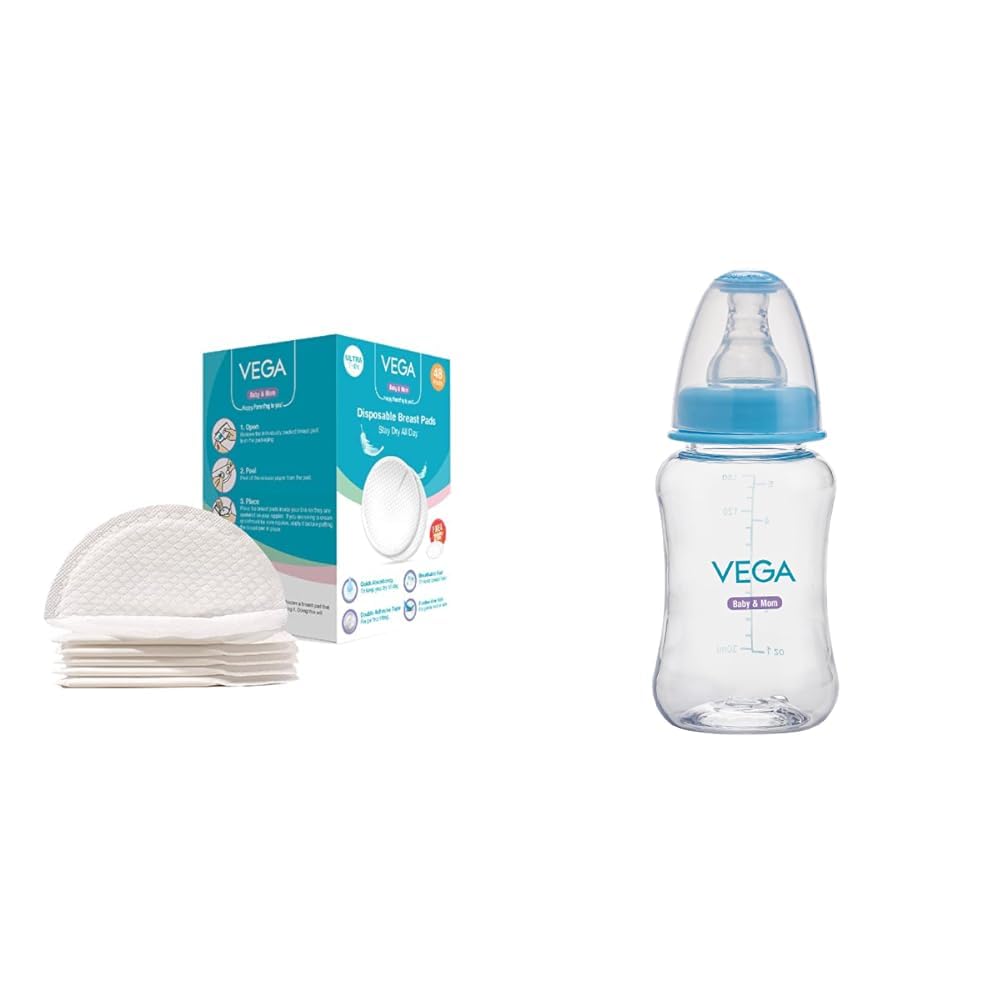 VEGA Baby & Mom Breast Pad 48 pcs (48+2 Free) & Tritan Feeding Bottle 150ml Regular Neck – Blue
