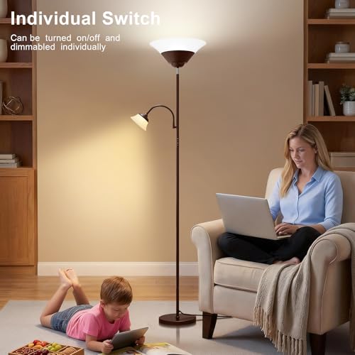 Image of SIBRILLE 2-in-1 Torchiere Floor Lamp, 34W Super Bright LED Standing Lamp with Remote & Touch Control, 72 inch Dimmable Adjustable Corner Reading Lamp for Living Room, Bedroom, Office, Brown