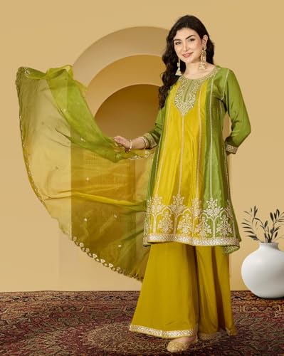 Image of Amazon Brand - Tavasya Women Poly Chinon Zari Sequence Cording Embroidered Regular Fit Kurta Set | Salwar Suit