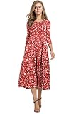 HOTOUCH Womens Red Floral Dress Casual Summer Flower Print Dress Flowy Sundress 3/4 Sleeve Midi Dress with Pockets Soft Cotton Dress Red Floral, L