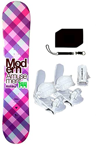 Modern Marina Blem Rocker Snowboard & Symbolic White Bindings & Leash, Stomp Pad Package (Bindings White S (fits 6-9), 140cm Marina Blem (wf268))